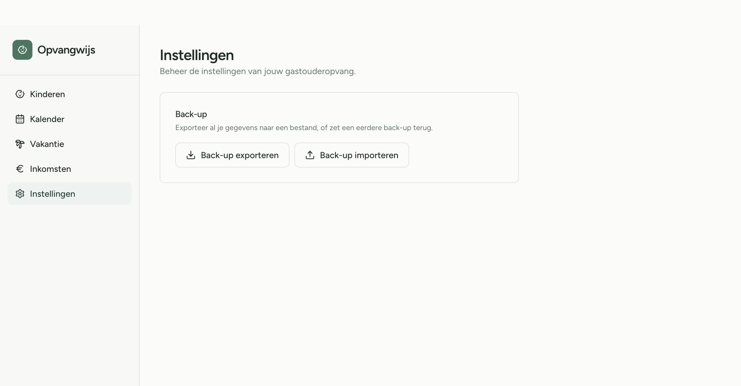 Opvangwijs scherm Instellingen — back-up exporteren en importeren