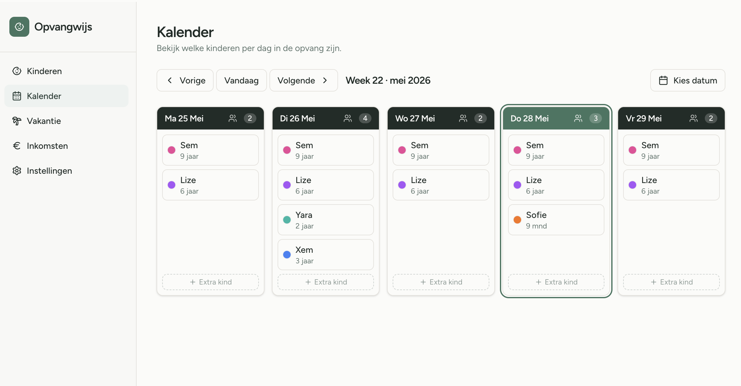 Opvangwijs scherm Kalender — kinderen per dag van de week