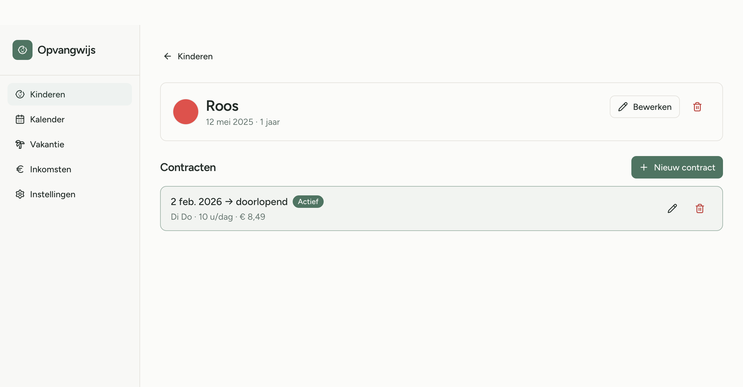 Opvangwijs scherm Kind — detailpagina met contracten van een kind